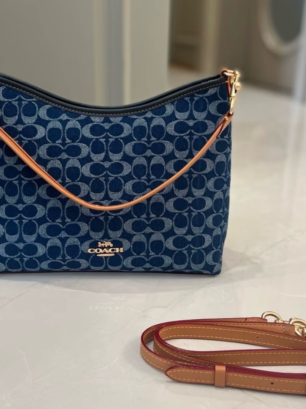 Coach Navy Signature Shoulder Bag with Tan Trim and Gold Hardware